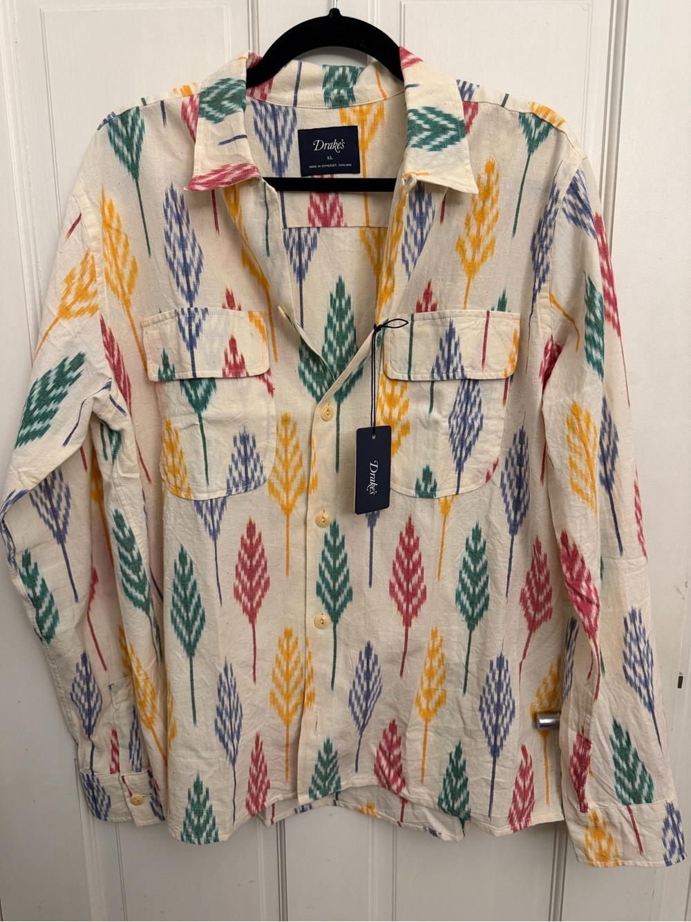 Drakes Cream Shirt with Multicolor Wheat Pattern